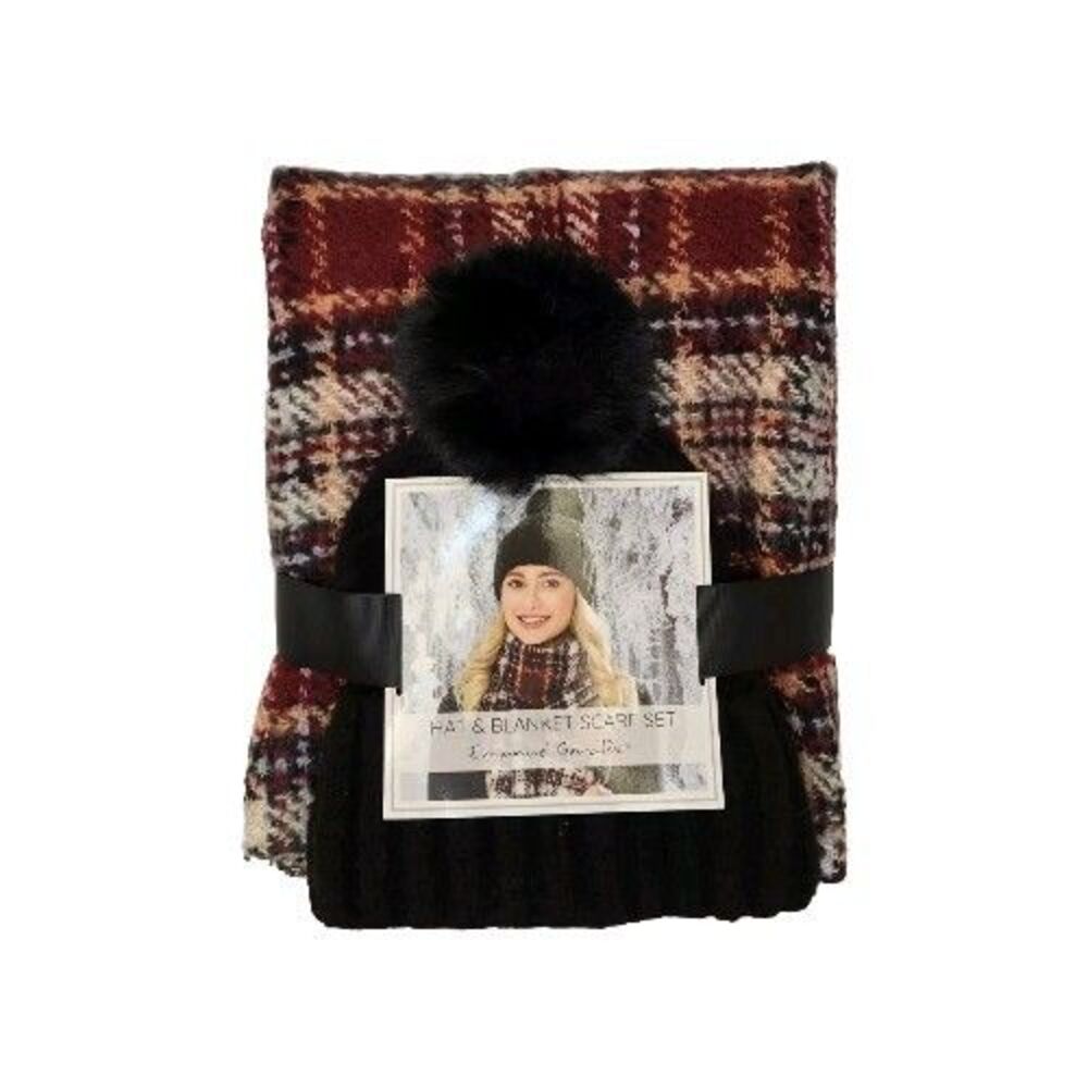 Emanuel Geraldo Women's Hat & Blanket Scarf Set Maroon Tan Multi Color Plaid